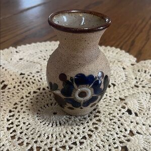 Mexico pottery Bud Vase in Beige with Blue Floral Design